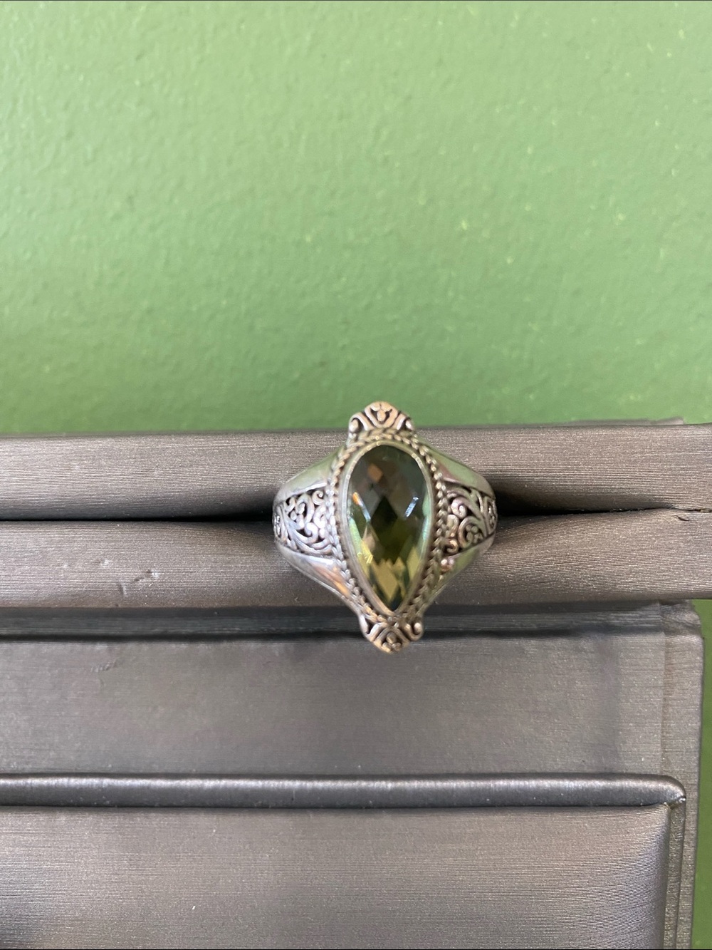 Sterling Silver Filigree Ring with Green Gemstone